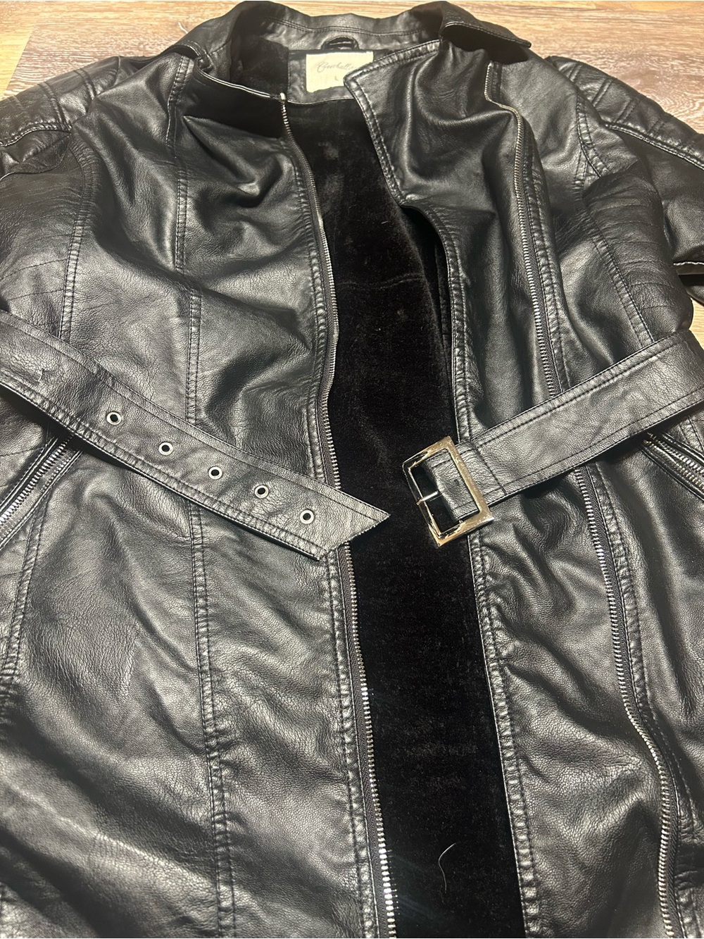 Cavalini Black Faux Leather Belted Moto Jacket Size L